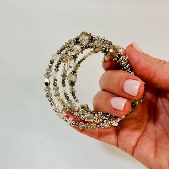 Silver and Gunmetal Beaded Stretch Bracelet Bangle - Picture 11 of 12